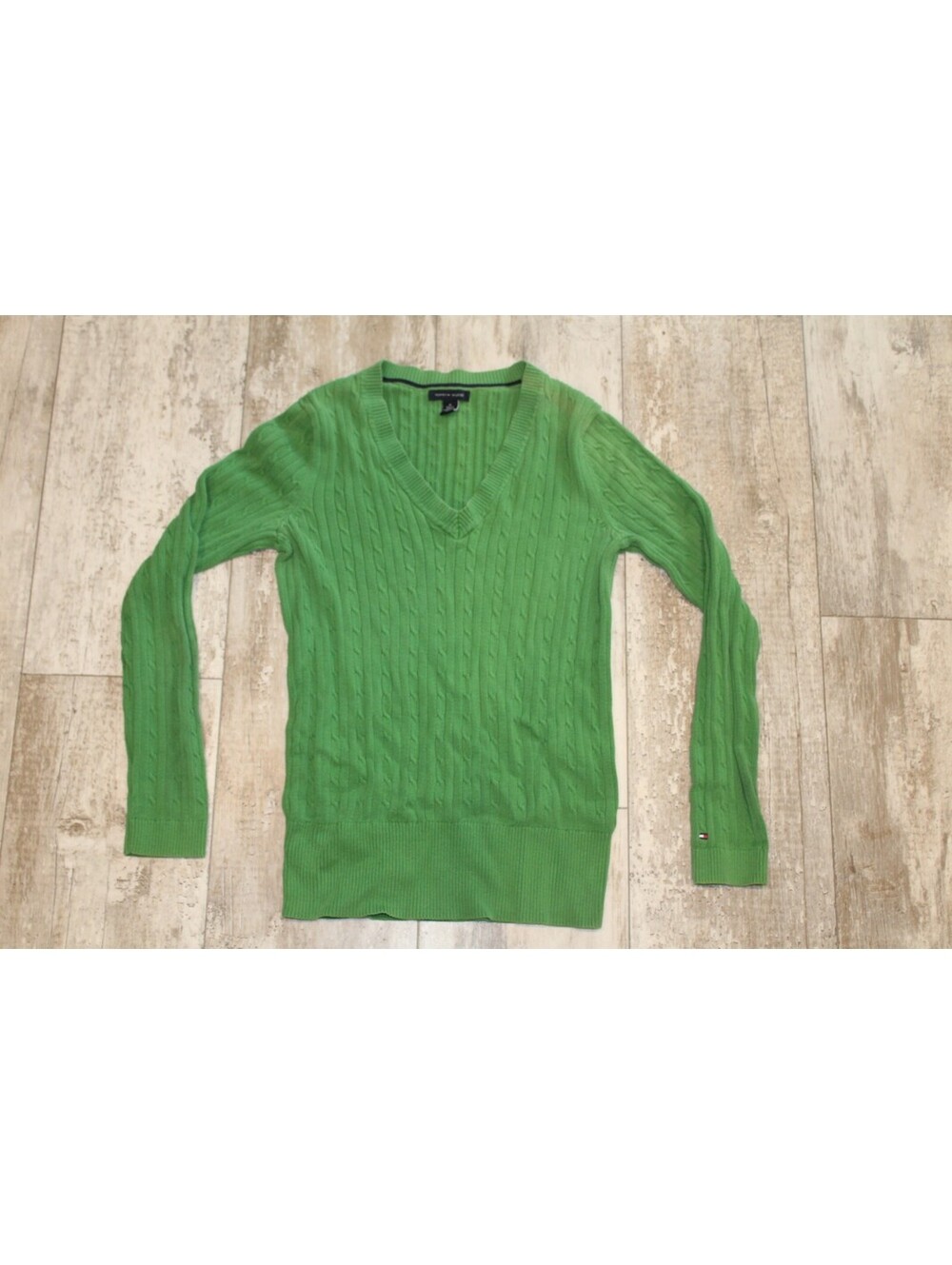 Tommy Hilfiger M Green Cable Knit V Neck Sweater Preppy